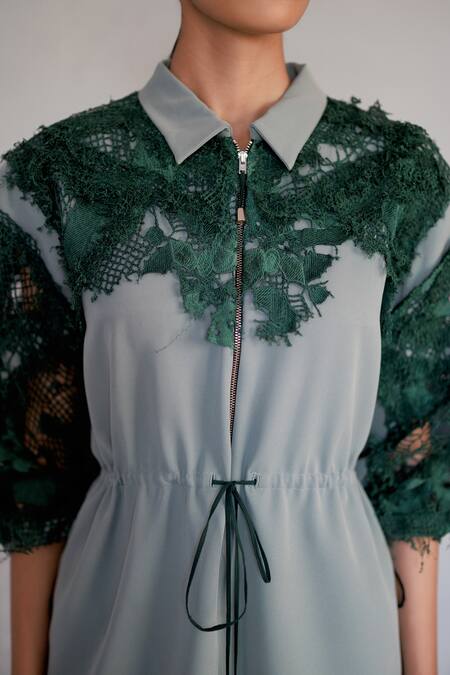 Shop_Anurag Gupta_Green Crepe Embroidery Collared Map Short Dress _Online_at_Aza_Fashions