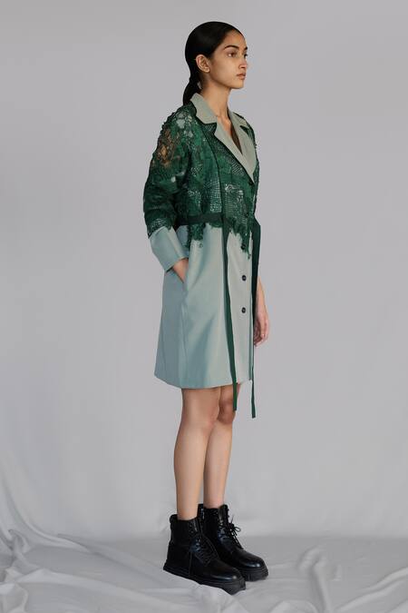 Anurag Gupta_Green Crepe Embroidery Collared Map Coat Dress _Online_at_Aza_Fashions
