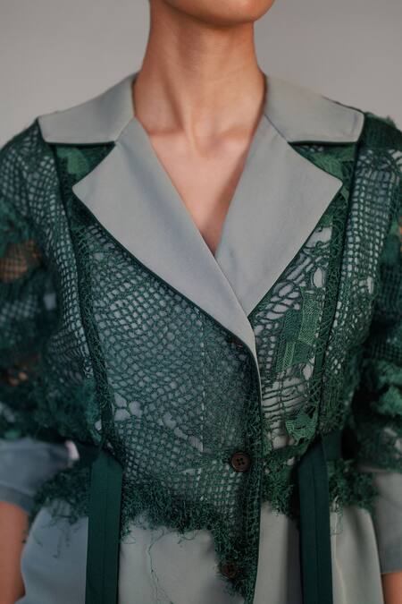 Buy_Anurag Gupta_Green Crepe Embroidery Collared Map Coat Dress _Online_at_Aza_Fashions