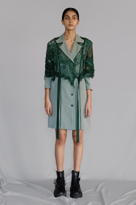 Anurag Gupta Green Crepe Embroidery Collared Map Coat Dress 