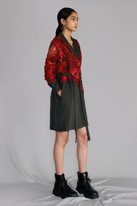 Anurag Gupta_Red Crepe Lace Collared Map Embroidery Coat Dress _Online_at_Aza_Fashions