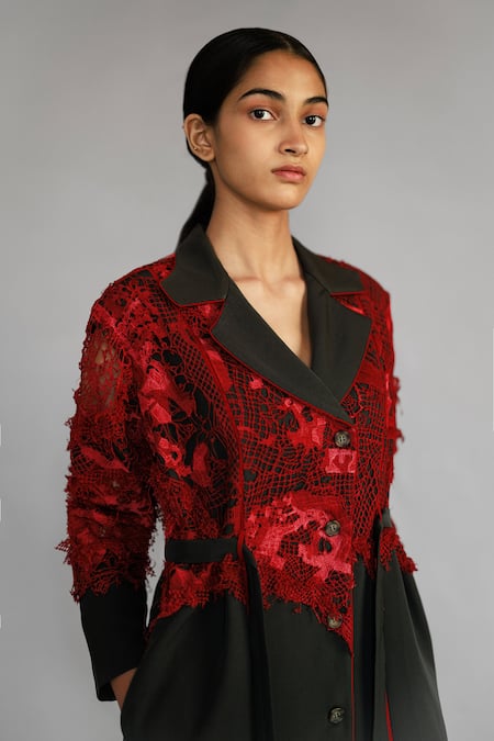 Buy_Anurag Gupta_Red Crepe Lace Collared Map Embroidery Coat Dress _Online_at_Aza_Fashions