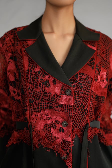 Shop_Anurag Gupta_Red Crepe Lace Collared Map Embroidery Coat Dress _Online_at_Aza_Fashions