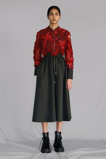 Anurag Gupta Red Embroidery Round Neck Map Midi Dress 