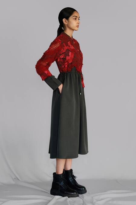 Anurag Gupta_Red Embroidery Round Neck Map Midi Dress _Online_at_Aza_Fashions