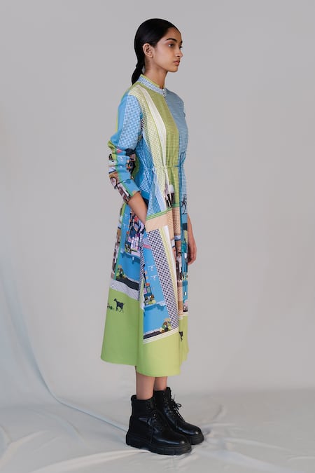 Anurag Gupta_Multi Color Denim, Silk Mandarin Collar Street Printed Long Dress _Online_at_Aza_Fashions