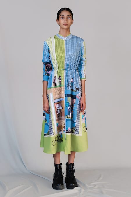 Anurag Gupta Multi Color Denim, Silk Mandarin Collar Street Printed Long Dress 