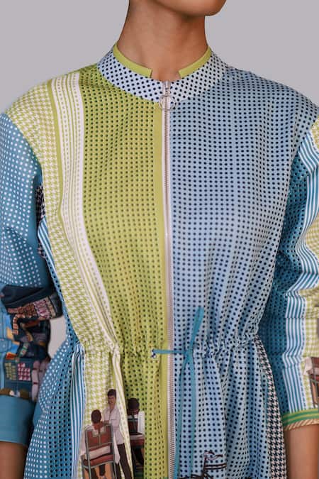 Shop_Anurag Gupta_Multi Color Denim, Silk Mandarin Collar Street Printed Long Dress _Online_at_Aza_Fashions