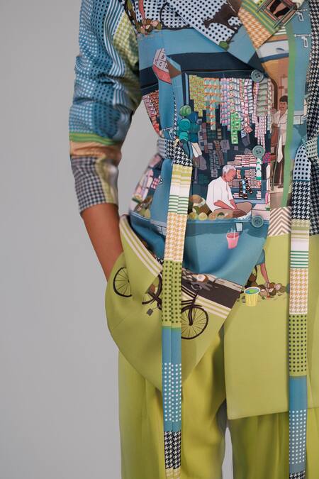 Anurag Gupta_Multi Color Crepe, Brocade Street Printed Coat Set _at_Aza_Fashions