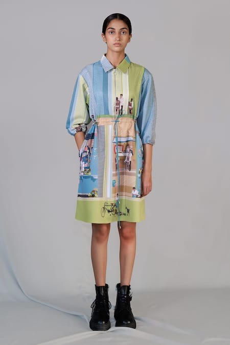Anurag Gupta Multi Color Brocade Collared Street Printed Coat Dress 