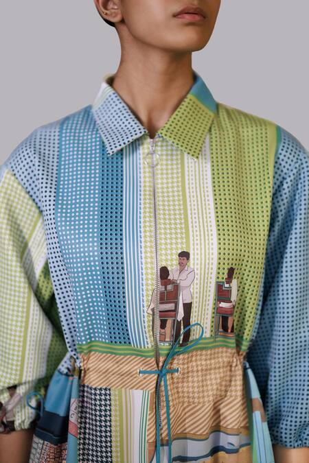 Buy_Anurag Gupta_Multi Color Brocade Collared Street Printed Coat Dress _Online_at_Aza_Fashions