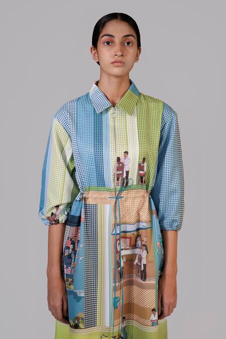 Shop_Anurag Gupta_Multi Color Brocade Collared Street Printed Coat Dress _Online_at_Aza_Fashions