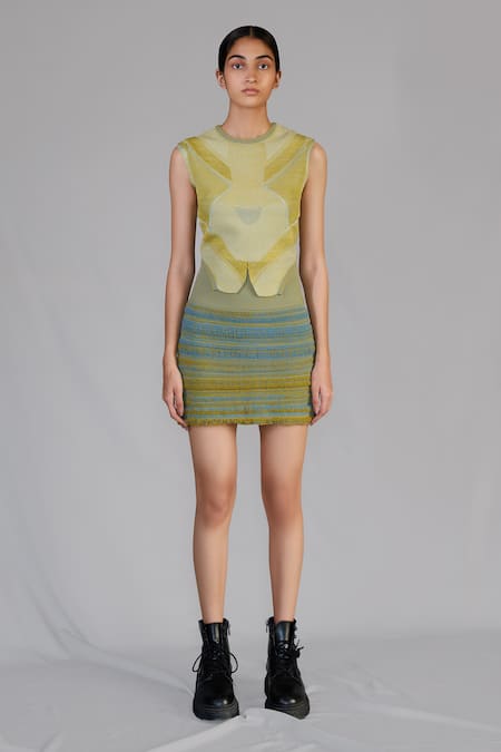 Anurag Gupta Multi Color Round Neck Lime Knitted Top 