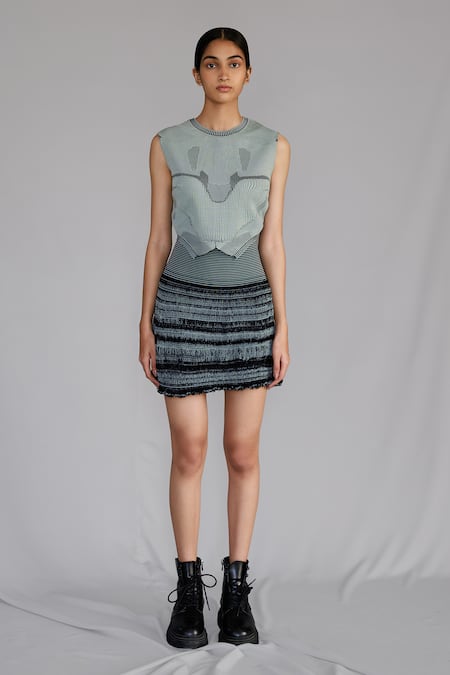 Anurag Gupta Gray Silk, Knit Crew Neck Grey Top