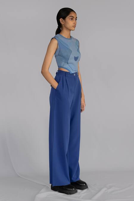 Anurag Gupta_Blue Crepe Pleated Pants _Online_at_Aza_Fashions