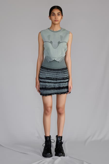 Anurag Gupta Gray Silk Lime Knitted Skirt 