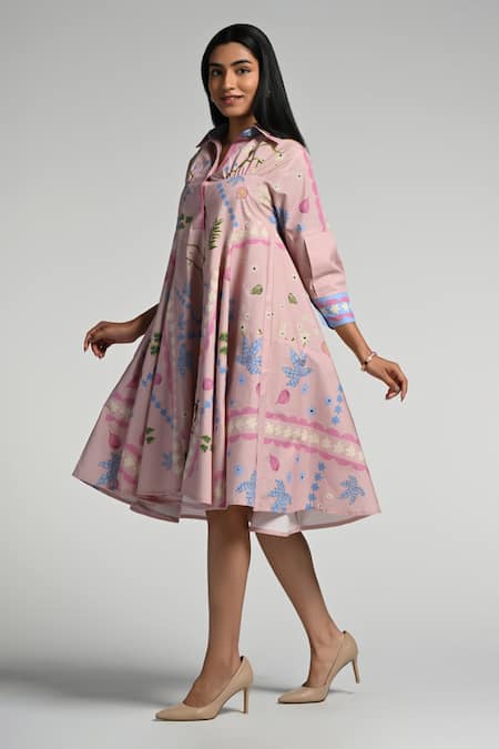 Buy Taroob Pink Cotton, Poplin Embroidery Collared Jungle Daydream Midi Dress Buy_Taroob_Pink Cotton, Poplin Embroidery Collared Jungle Daydream Midi Dress