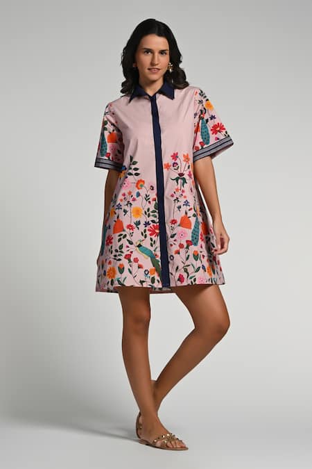 Taroob Pink Cotton, Poplin Collared Bageecha Floral Dress 