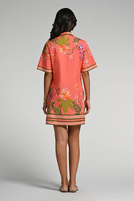 Shop Taroob Pink Cotton, Poplin Embroidery Collared Monkey Pop Dress at Aza Fashions Shop_Taroob_Pink Cotton, Poplin Embroidery Collared Monkey Pop Dress _at_Aza_Fashions