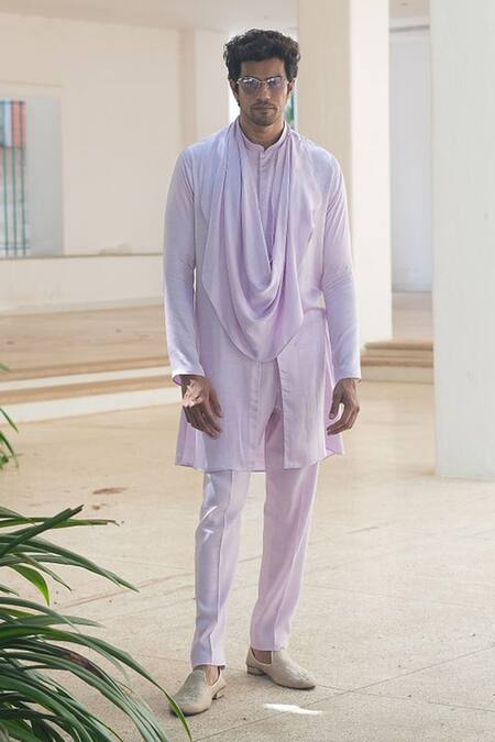 Buy_Pooja Bagaria_Lavender Satin, Linen Cowl Kurta Set 