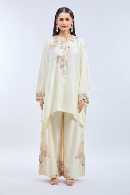 Anamika Khanna Ivory Embroidery Mandarin Collar Crushed Kaftan And Palazzo Set Online at Aza Fashions Anamika Khanna_Ivory Embroidery Mandarin Collar Crushed Kaftan And Palazzo Set_Online_at_Aza_Fashions