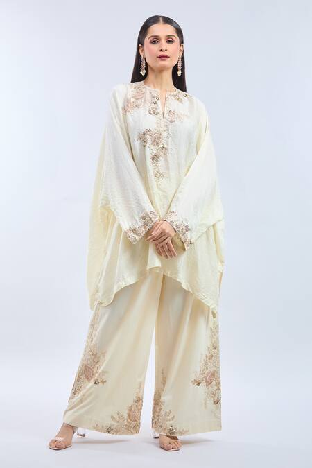 Shop Anamika Khanna Ivory Embroidery Mandarin Collar Crushed Kaftan And Palazzo Set Online at Aza Fashions Shop_Anamika Khanna_Ivory Embroidery Mandarin Collar Crushed Kaftan And Palazzo Set_Online_at_Aza_Fashions