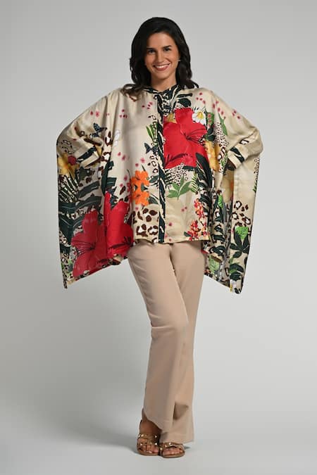 Taroob Beige Silk, Modal, Satin Round Neck Jungle Rhapsody Kaftan 