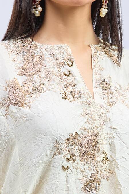 Anamika Khanna Ivory Embroidery Mandarin Collar Crushed Kaftan And Palazzo Set at Aza Fashions Anamika Khanna_Ivory Embroidery Mandarin Collar Crushed Kaftan And Palazzo Set_at_Aza_Fashions