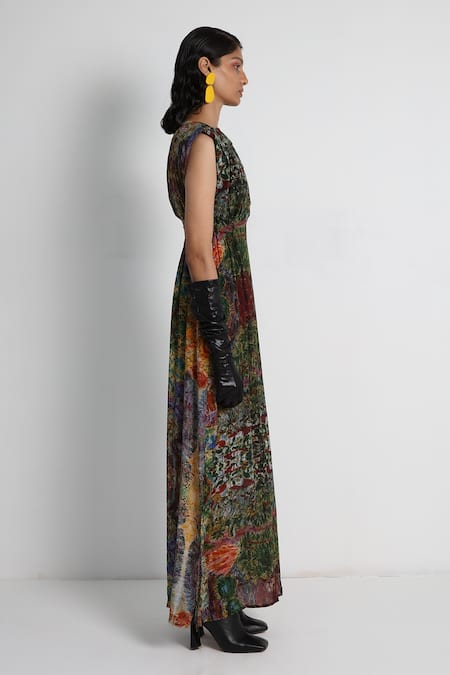 Forty Four_Multi Color Crepe Embroidery Round Neck Hand Dress _Online_at_Aza_Fashions
