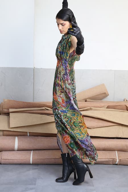 Buy_Forty Four_Multi Color Crepe Embroidery Round Neck Hand Dress _Online_at_Aza_Fashions