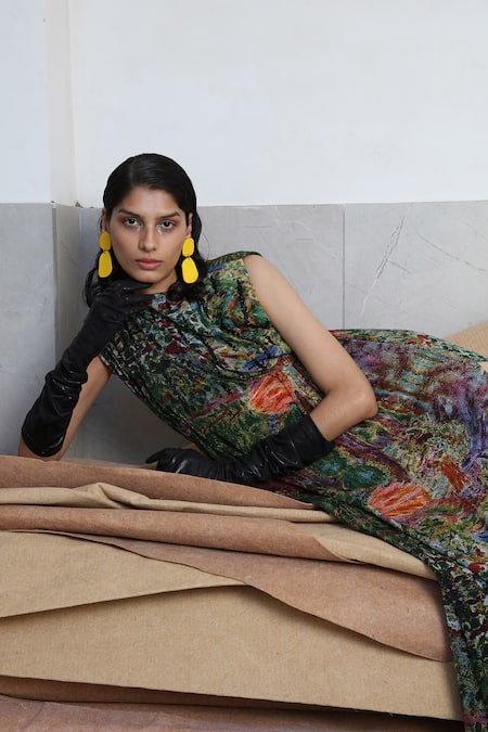 Shop_Forty Four_Multi Color Crepe Embroidery Round Neck Hand Dress _Online_at_Aza_Fashions