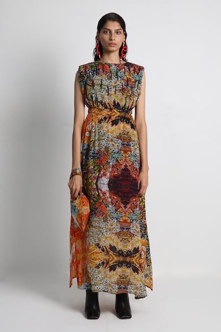 Forty Four_Multi Color Crepe Embroidery Round Neck Hand Dress _Online_at_Aza_Fashions