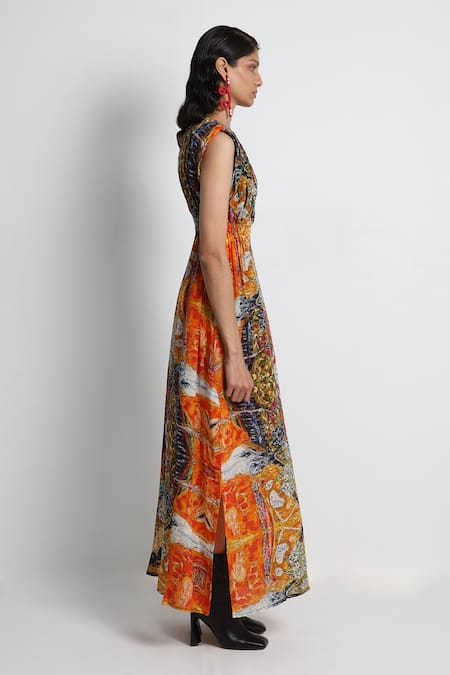 Buy_Forty Four_Multi Color Crepe Embroidery Round Neck Hand Dress _Online_at_Aza_Fashions