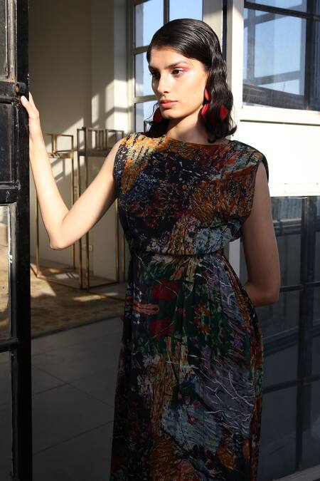 Forty Four_Multi Color Crepe Embroidery Round Neck Hand Dress _Online_at_Aza_Fashions