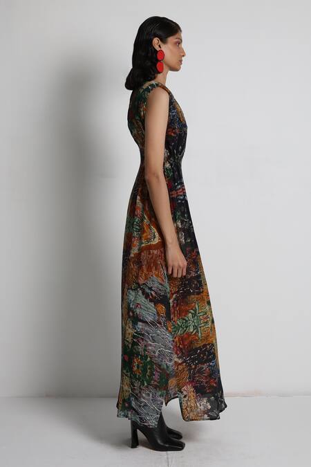 Buy_Forty Four_Multi Color Crepe Embroidery Round Neck Hand Dress _Online_at_Aza_Fashions