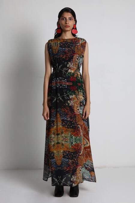 Shop_Forty Four_Multi Color Crepe Embroidery Round Neck Hand Dress _Online_at_Aza_Fashions