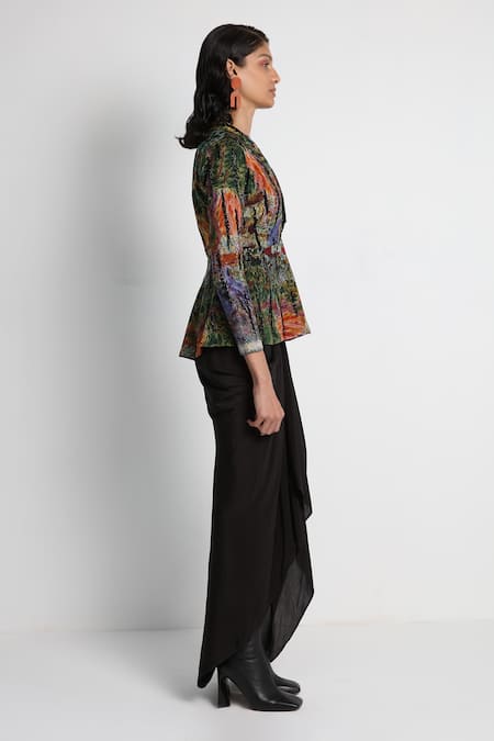 Forty Four_Black Crepe, Cotton, Lycra Embroidery Multi Color Designer Jacket And Skirt Set _Online_at_Aza_Fashions