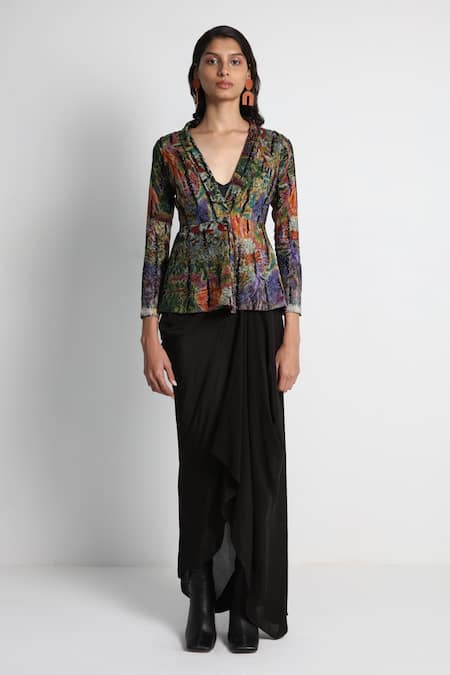Forty Four Multi Color Designer Jacket & Skirt Set 