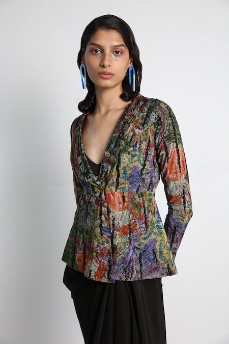 Forty Four_Black Crepe, Cotton, Lycra Embroidery Multi Color Designer Jacket And Skirt Set _at_Aza_Fashions