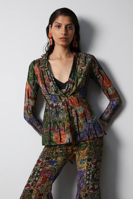 Shop_Forty Four_Multi Color Crepe, Cotton, Lycra Embroidery V-neck Designer Jacket Set _Online_at_Aza_Fashions