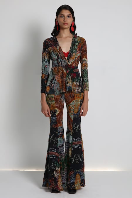 Forty Four_Red Cotton, Crepe, Lycra Scoop Neck, Multi Color Hand Embroidered Jacket Set _at_Aza_Fashions