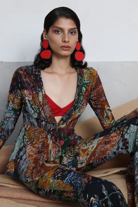 Buy_Forty Four_Red Cotton, Crepe, Lycra Scoop Neck, Multi Color Hand Embroidered Jacket Set 