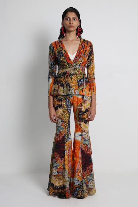 Forty Four Multi Color Hand Embroidered Long Jacket Set 