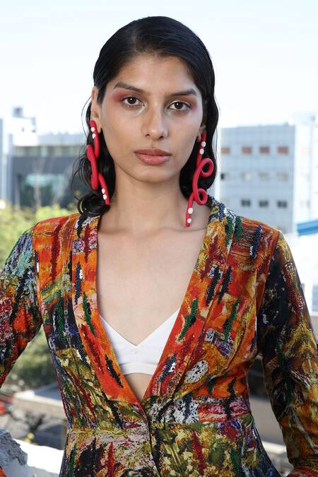 Forty Four_Multi Color Crepe, Cotton, Lycra Embroidery V-neck Hand Long Jacket Set _Online_at_Aza_Fashions