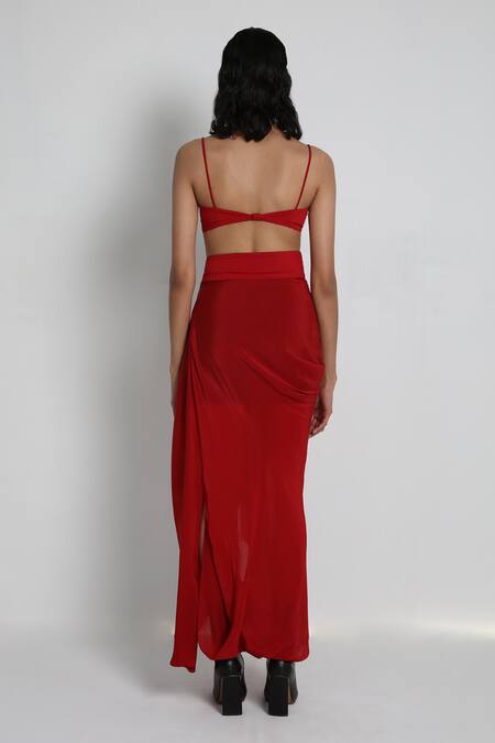 Forty Four_Red Crepe, Cotton, Lycra Embroidery V-neck Multi Color Designer Jacket Set _Online_at_Aza_Fashions