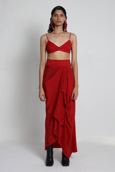 Buy_Forty Four_Red Crepe, Cotton, Lycra Embroidery V-neck Multi Color Designer Jacket Set _Online_at_Aza_Fashions