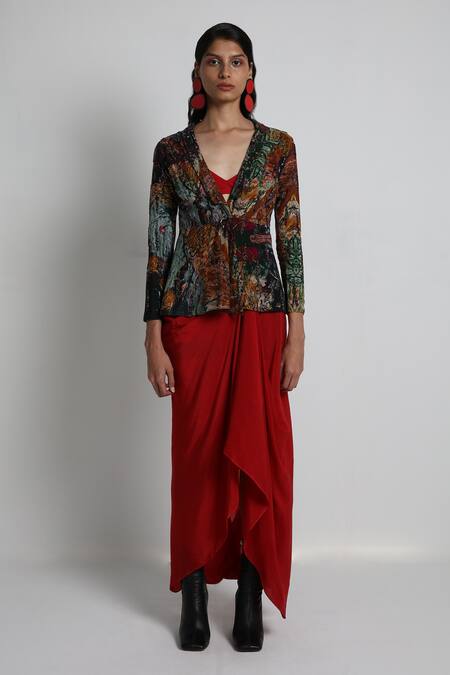 Shop_Forty Four_Red Crepe, Cotton, Lycra Embroidery V-neck Multi Color Designer Jacket Set _Online_at_Aza_Fashions