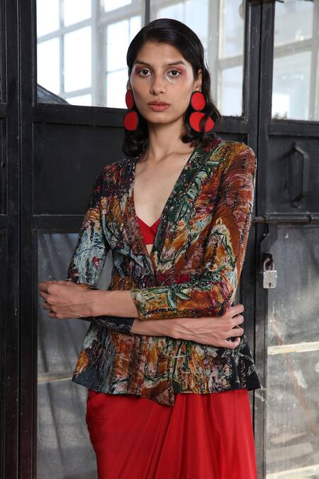 Forty Four_Red Crepe, Cotton, Lycra Embroidery V-neck Multi Color Designer Jacket Set _at_Aza_Fashions