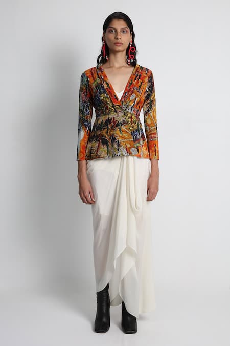 Forty Four Multi Color Hand Embroidered Jacket Set 