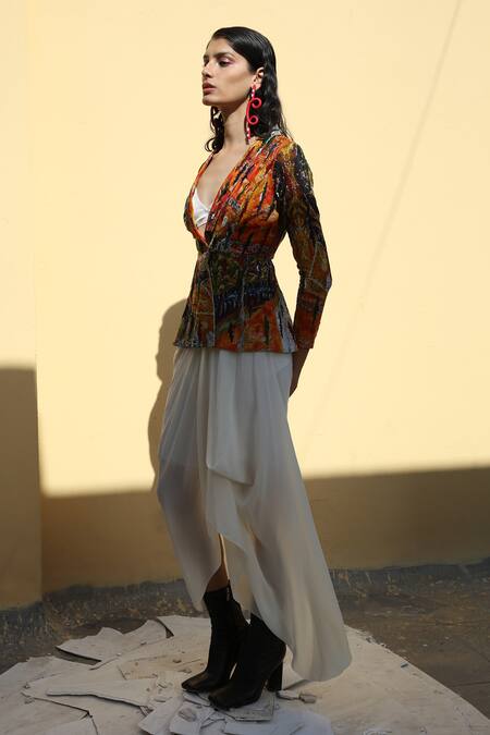 Forty Four_White Crepe, Cotton, Lycra V-neck Multi Color Hand Embroidered Jacket Set _Online_at_Aza_Fashions